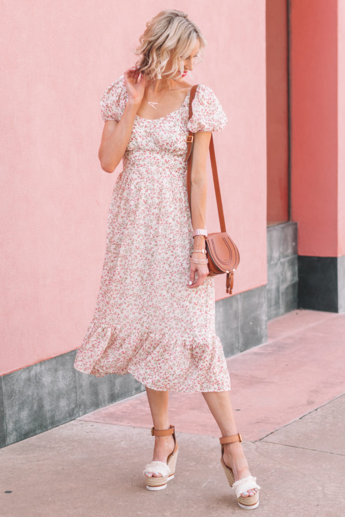 gorgeous floral peasant style midi dress with blouson sleeves