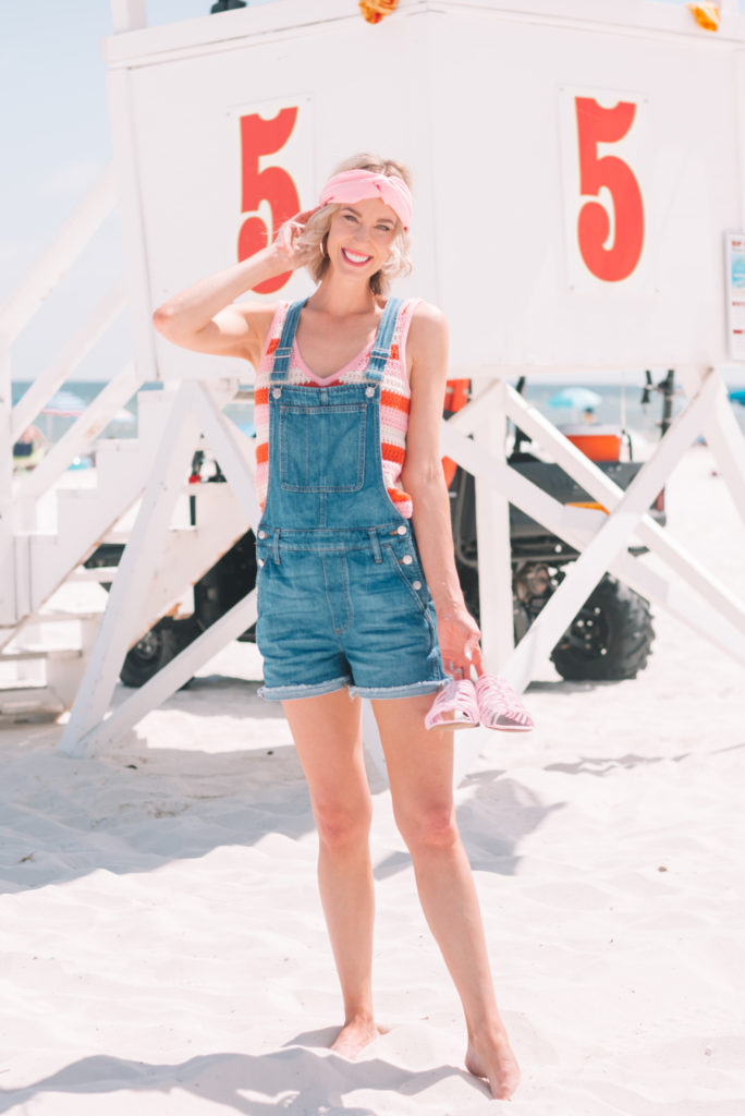 beach photo, overalls paired with fun striped tank