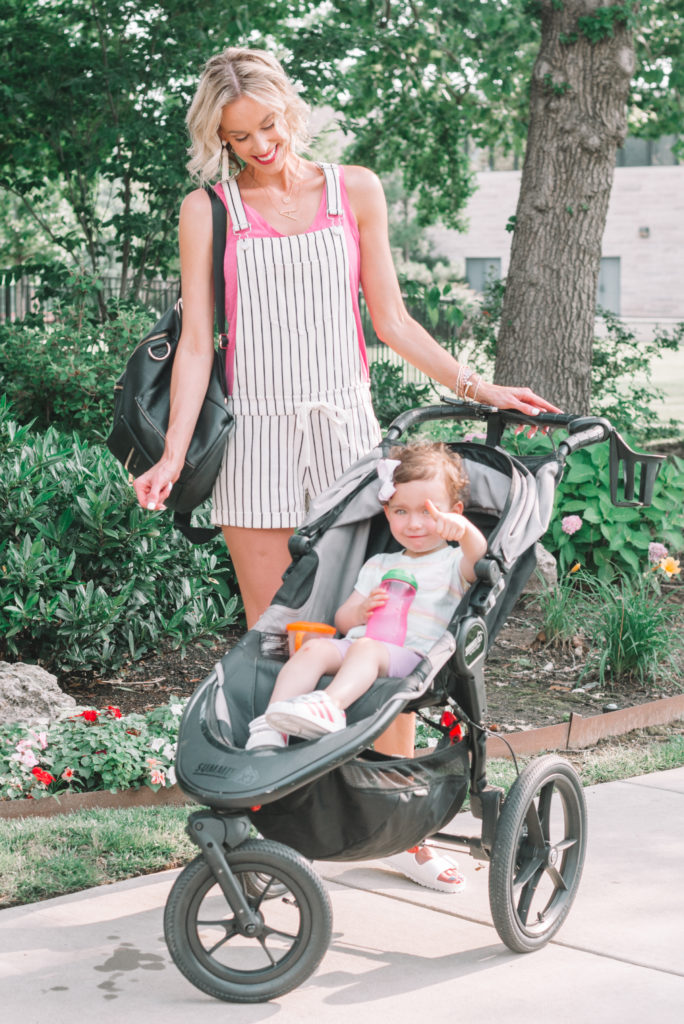 cute and comfy summer mom outfit ideas, blog post with great summer mom outfits that don't sacrifice style but are also practical and comfortable, soft striped overalls #momoutfit #momstyle #overalls #casual #cute