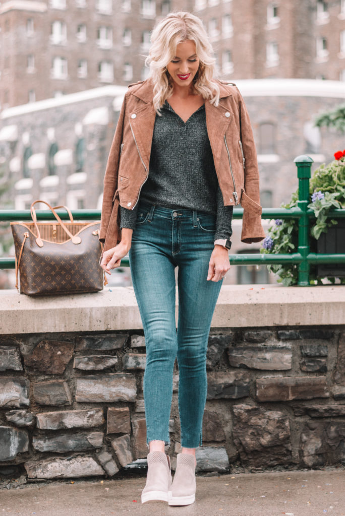 Nordstrom Anniversary outfit, soft thermal top, suede jacket, jeans, wedge sneakers