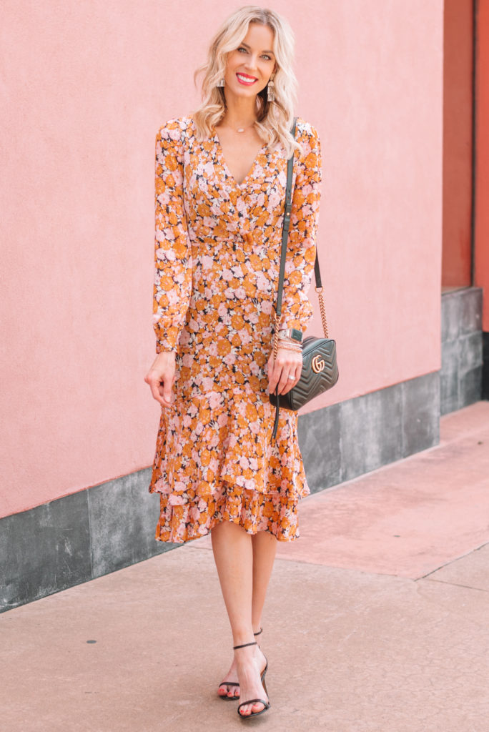 gorgeous floral midi dress in fall colors