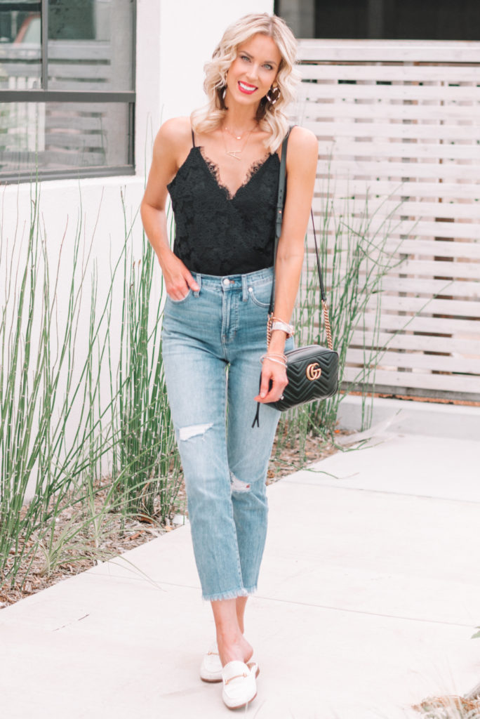 Classic Date Night Look, lace cami bodysuit, straight leg jeans, loafers