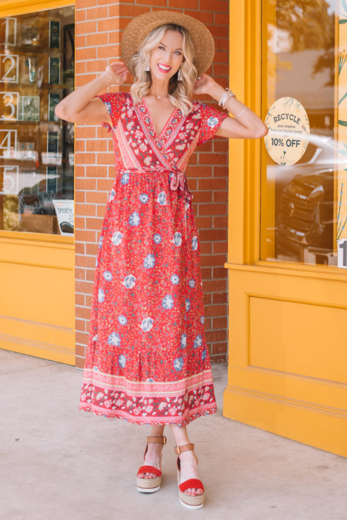 red long dress with floral pattern print