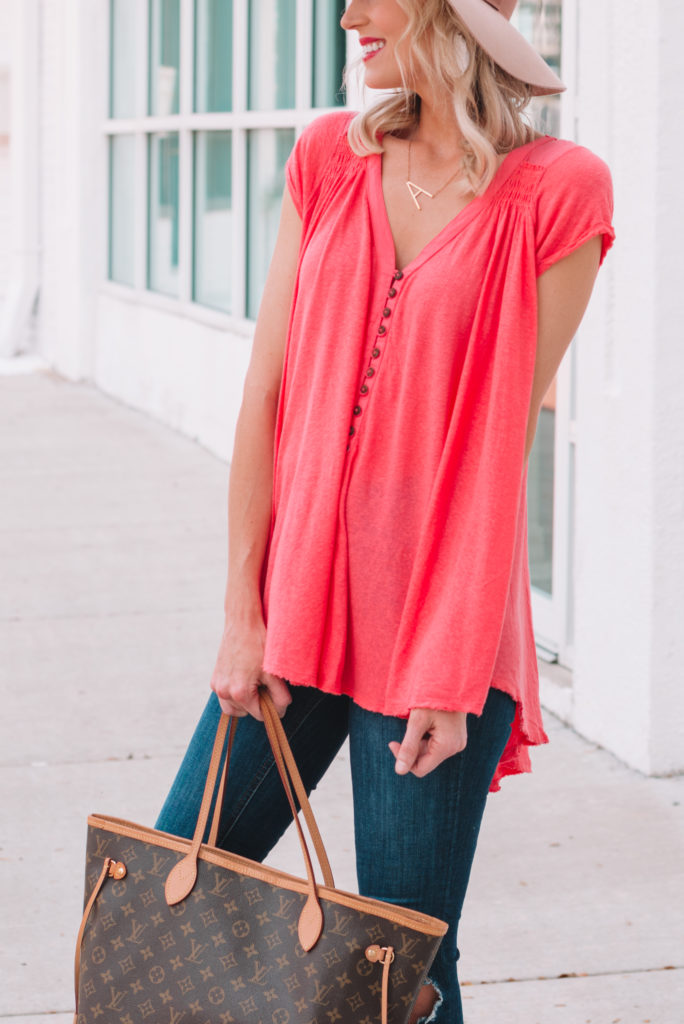 tunic style t-shirt in a bright watermelon color