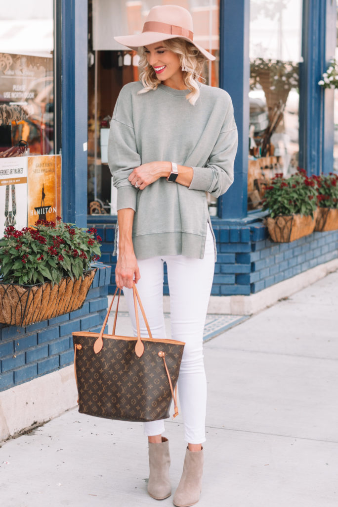 neutral fall outfit, white jeans outfit, ankle boots