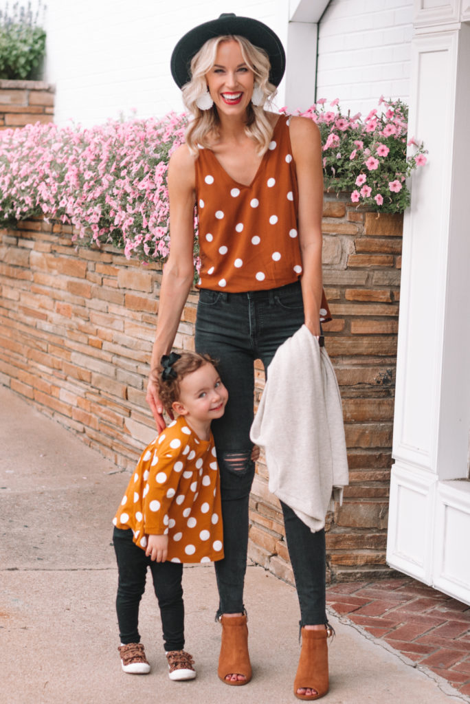 adorable mom and me matching looks, burnt orange polka dot tops with mom and daughter toddler style