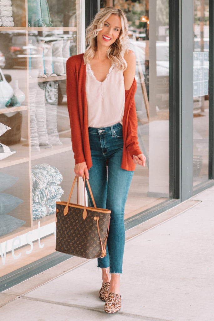 fall outfit, leopard shoe outfit ideas, rust colored cardigan, fall outfit ideas