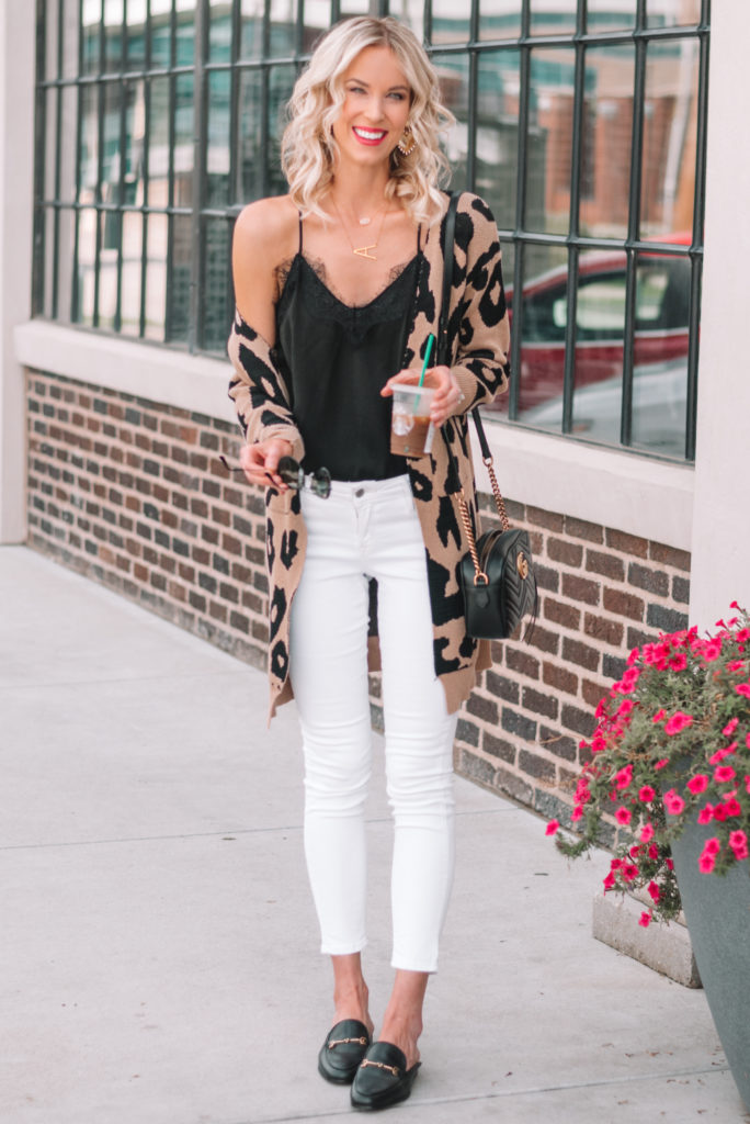 leopard cardigan outfit ideas, white jeans, black slides, black lace cami
