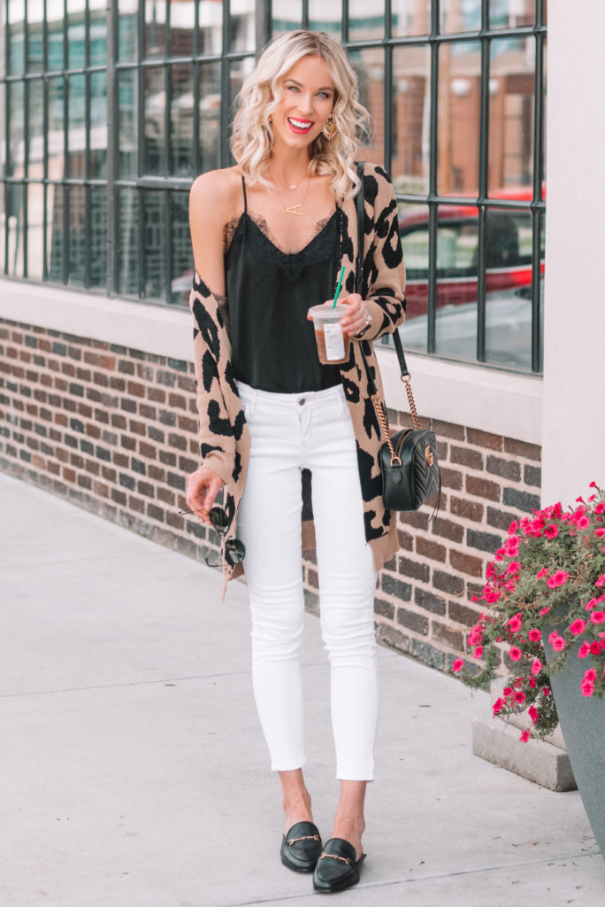 cute fall outfit idea, how to style a leopard cardigan