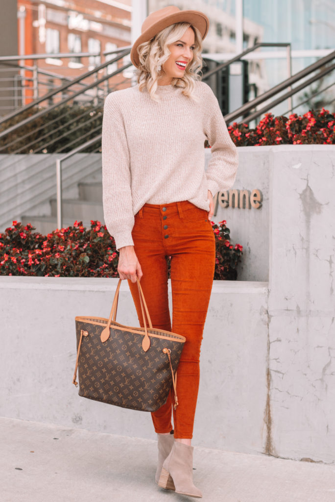 rust colored corduroy pants for fall styled multiple ways, oatmeal mock neck sweater