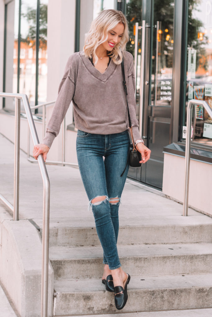 cute and casual fall outfit, thermal, black mules