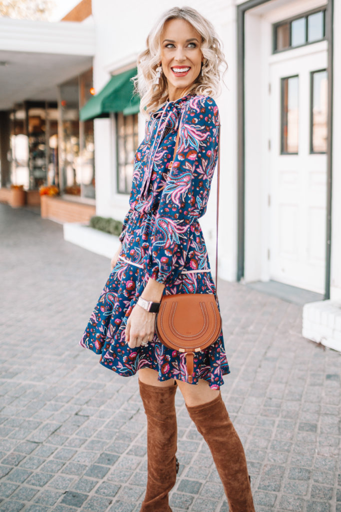Printed Fall Dress and Over the Knee Boots
