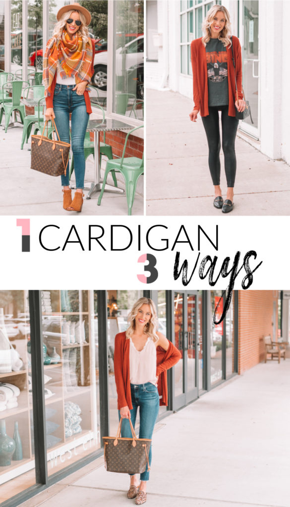 1 cardigan 3 ways, $30 rust colored cardigan for fall styled multiple ways #cardigan #closetremix #falloutfit