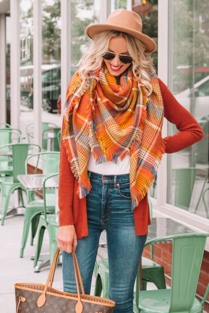 orange/rust colored fall blanket scarf and cardigan