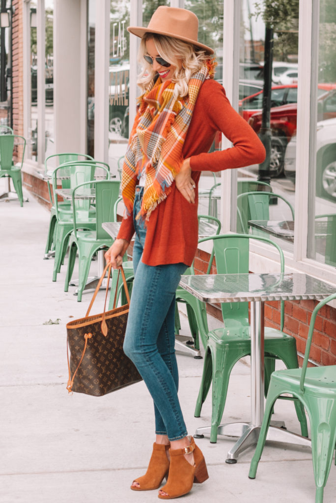 classic fall outfit, fall colored outfit, rust colored cardigan and plaid blanket scarf