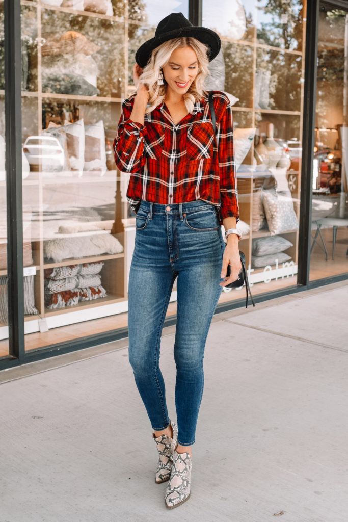the perfect fall flannel, high waisted skinny jeans, snake skin boots