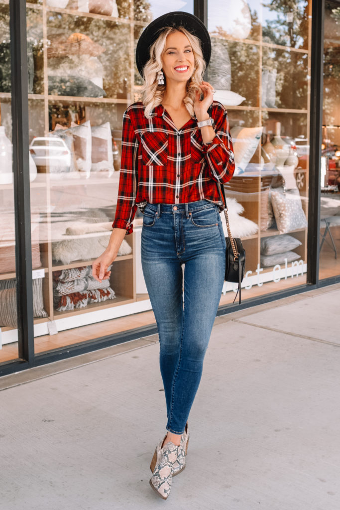 fall colored flannel and jeans