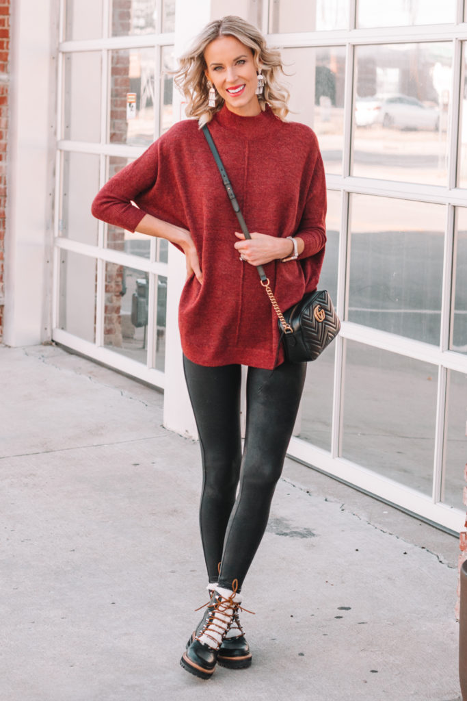 sweater poncho and leggings, leggings outfit, hiker boots