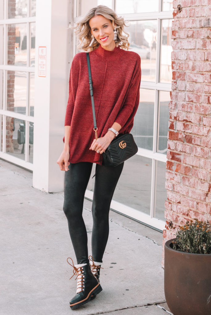 how to wear faux leather leggings, poncho, long sweater