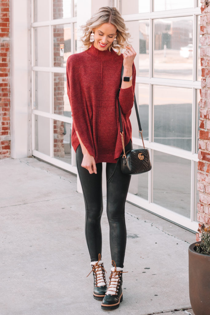 poncho and leggings for fall, hiker boots