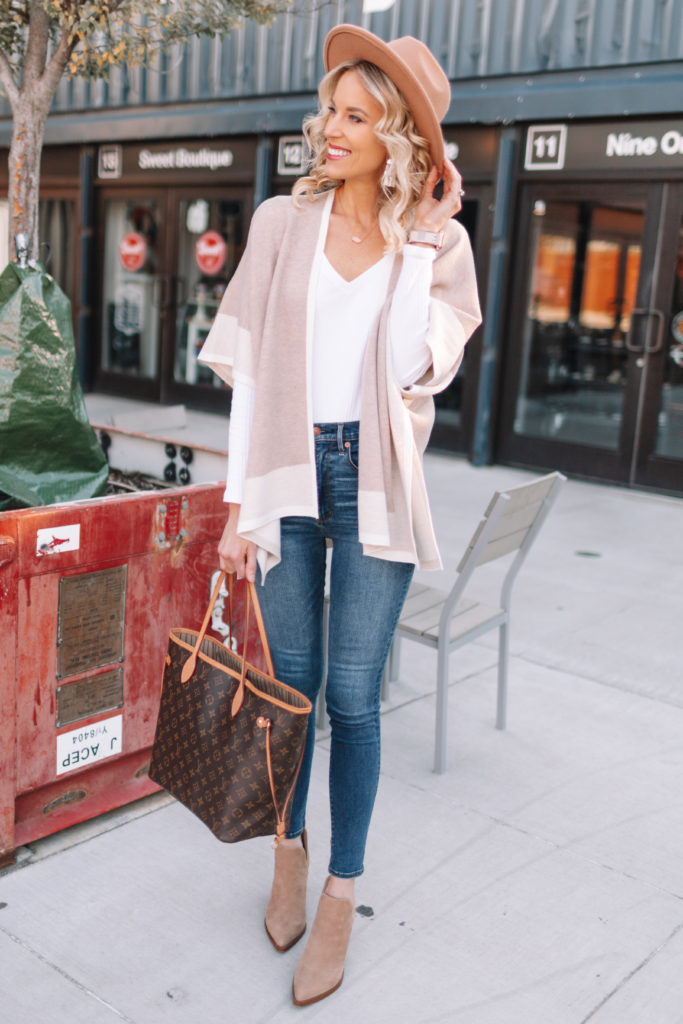 Neutral Poncho Wrap Styled 4 Ways, cozy fall outfit, poncho and booties