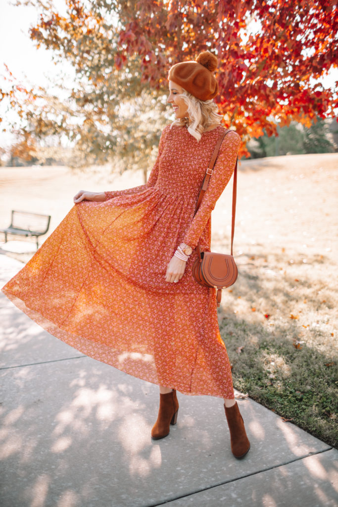 gorgeous fall dress, sheer overlay dress, pom pom beret