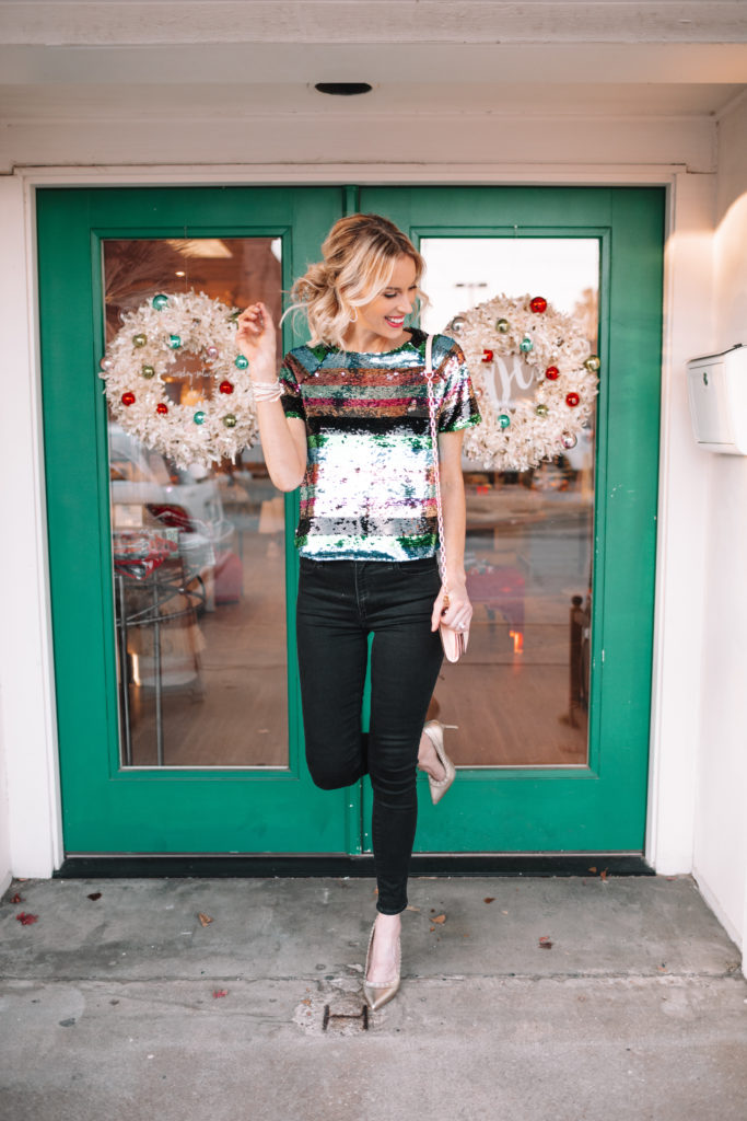 how to style a sequin top, black skinny jeans