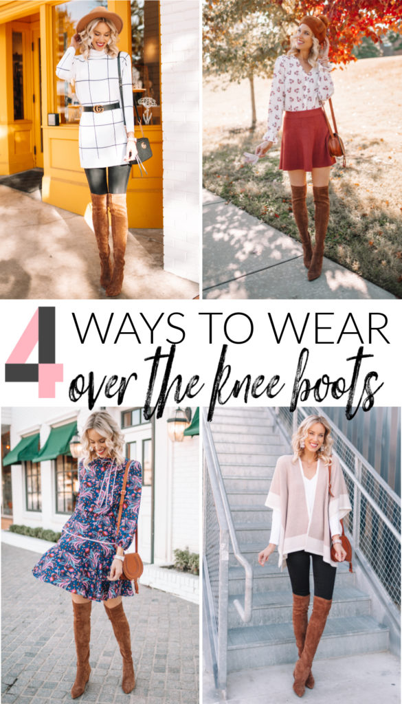4 ways to wear over the knee boots, how to wear over the knee boots, over the knee boot outfits, over the knee boots with a dress, over the knee boots with a skirt, over the knee boots with jeans, over the knee boots with leggings, over the knee boots with a sweater, otk boots