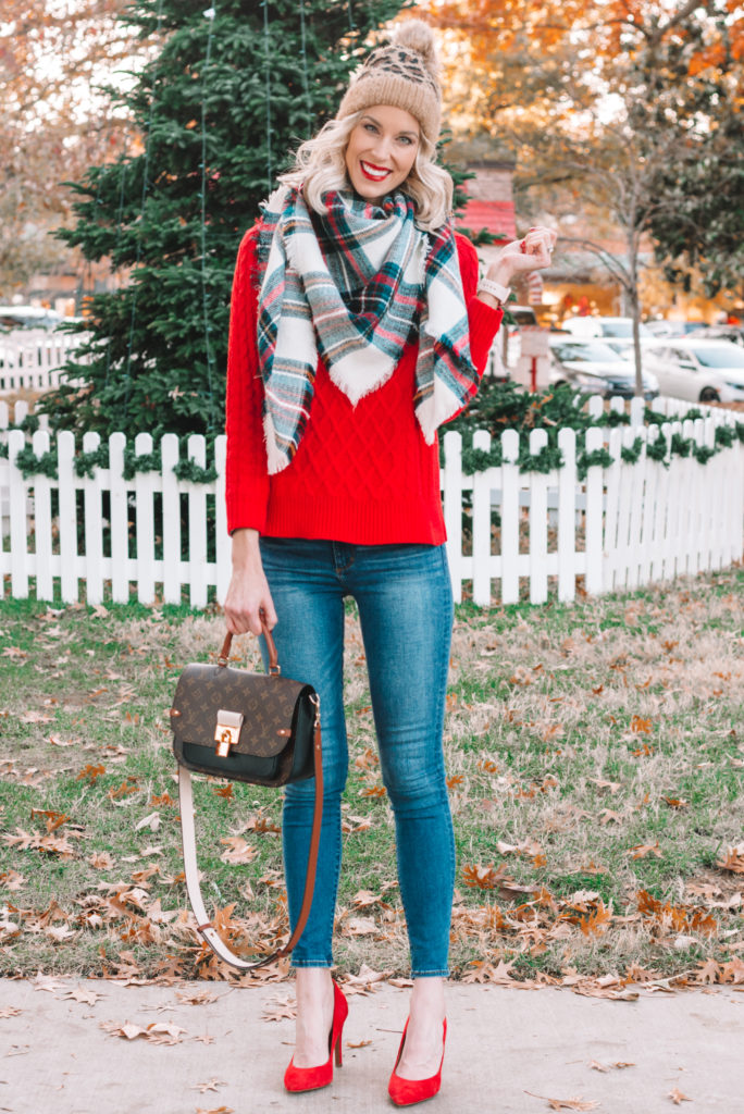 how to wear a red sweater, red sweater outfit ideas, blanket scarf