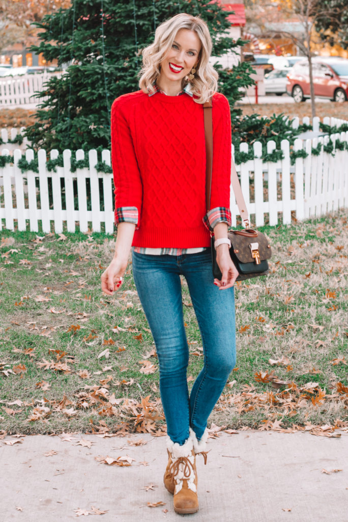 how to layer a flannel under a sweater, how to wear a red sweater, Joan of Artic Sorel boots, casual holiday outfit idea