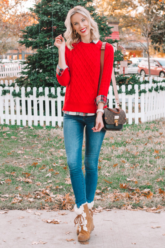 how to layer a flannel under a sweater, how to wear a red sweater, Joan of Artic Sorel boots, casual holiday outfit idea