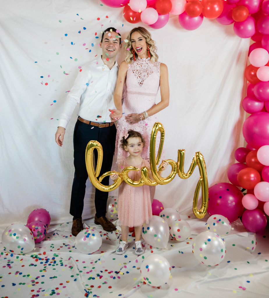 baby balloon, confetti, balloons, second baby pregnancy announcement, pink balloon arch