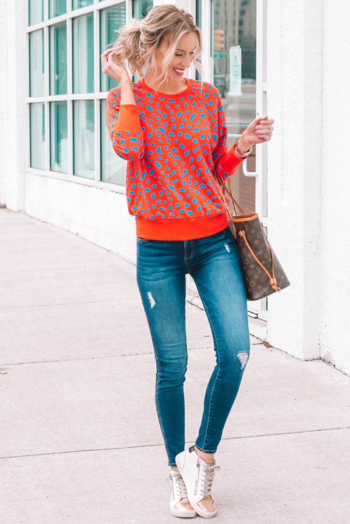 cutest colored sweatshirt, casual outfit idea, fashion sneakers