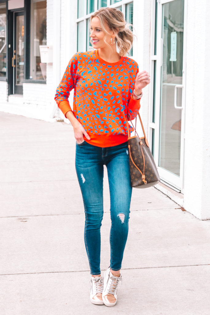 leopard sweatshirt with fashion sneakers, high tops