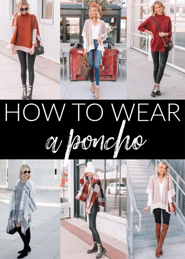 how to wear a poncho, poncho outfit ideas, what to wear with a poncho, poncho with jeans, poncho with leggings, poncho with a dress