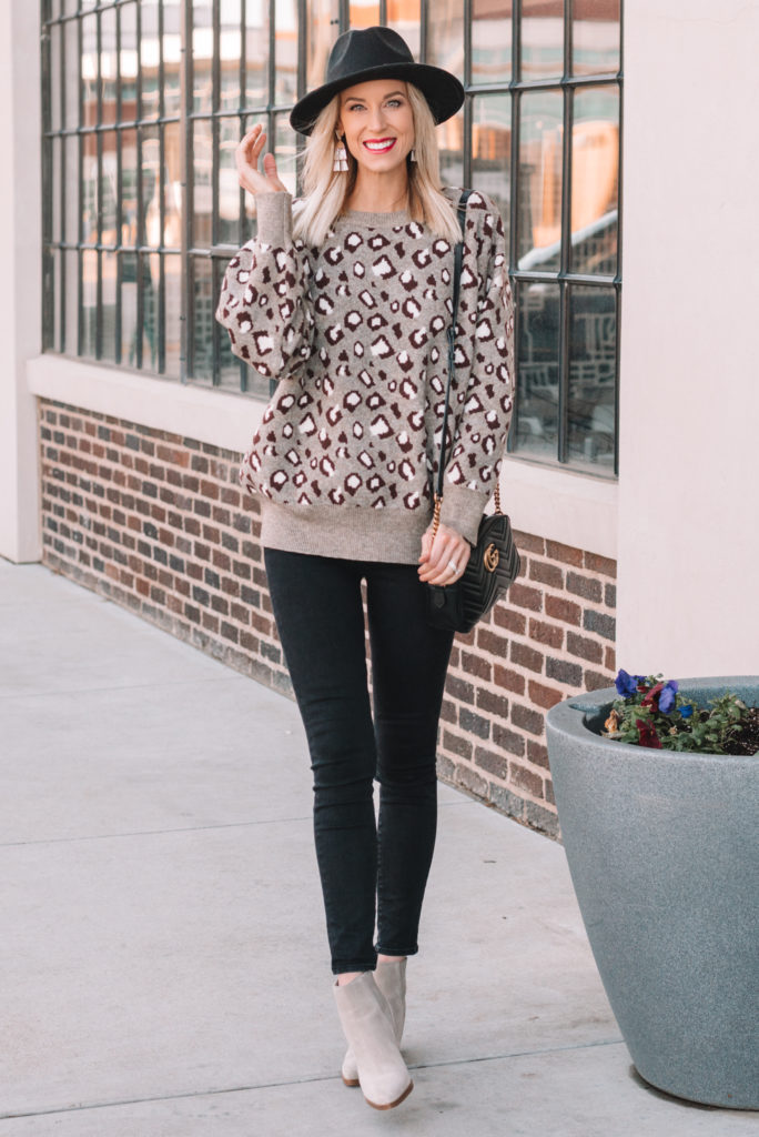 leopard sweater outfit idea, cute winter outfit
