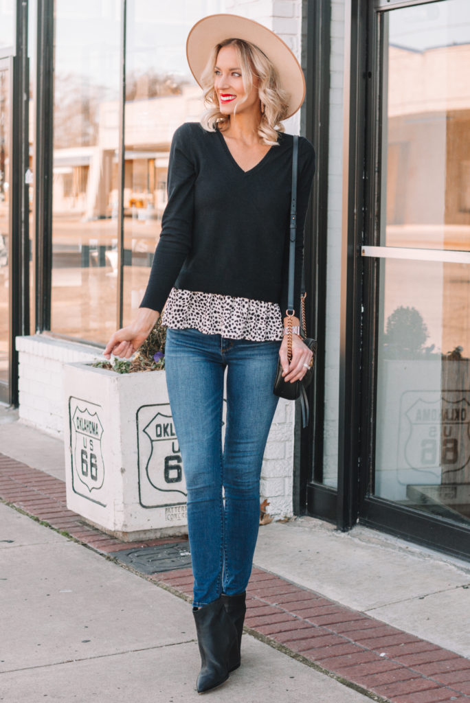 jeans and boots outfit, peplum blouse