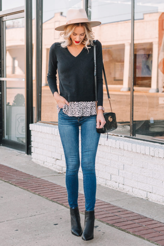 faux layered peplum top, jeans, black ankle booties