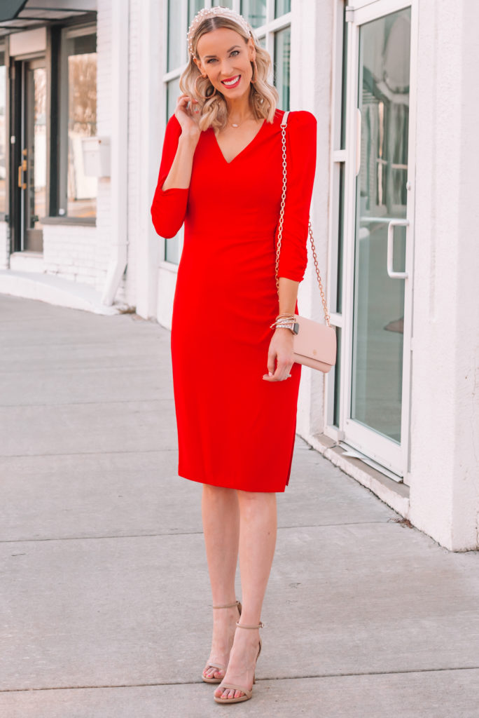 ultra flattering red dress with v-neck and ruching