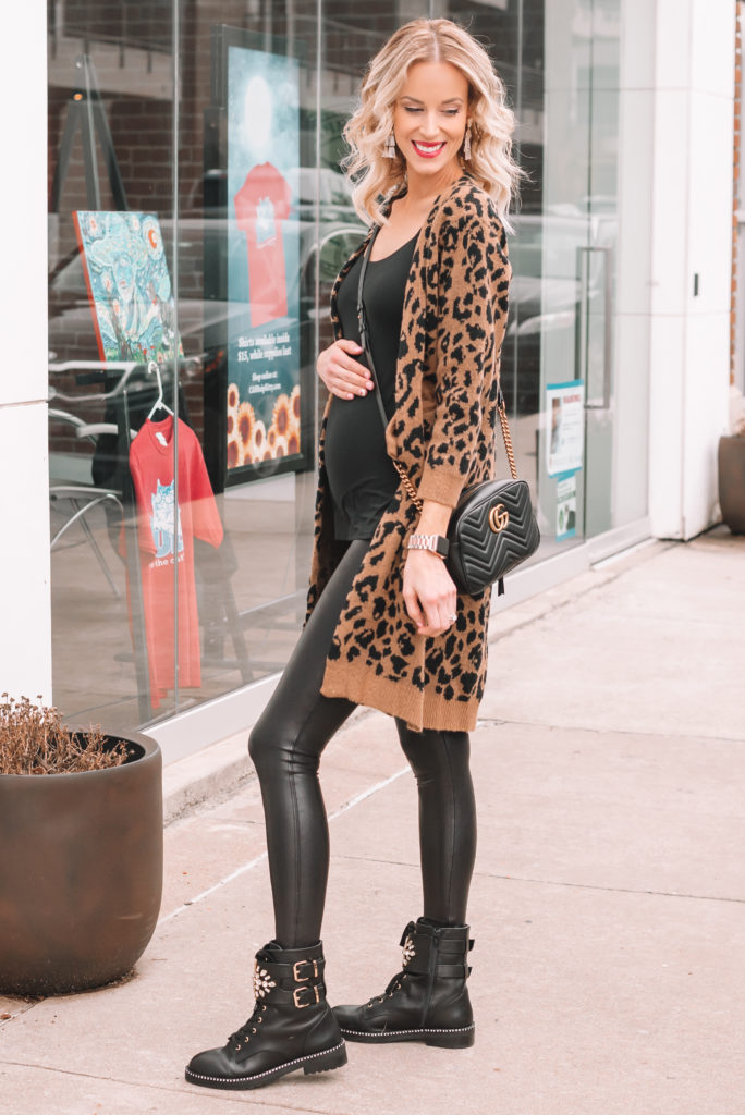 leopard cardigan and leggings, black combat boots