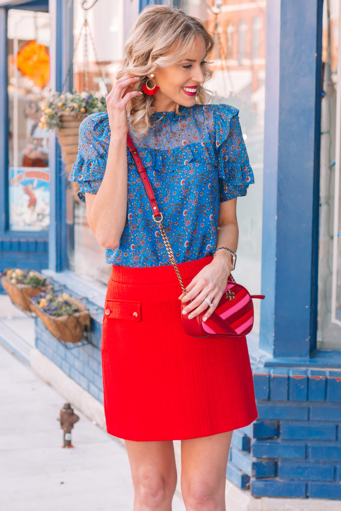 spring skirt outfit, red skirt, blue printed blouse, red earrings