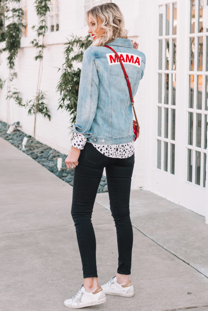 mama jean jacket, embroidered mama jean jacket, black jeans, red purse, Golden Goose sneakers