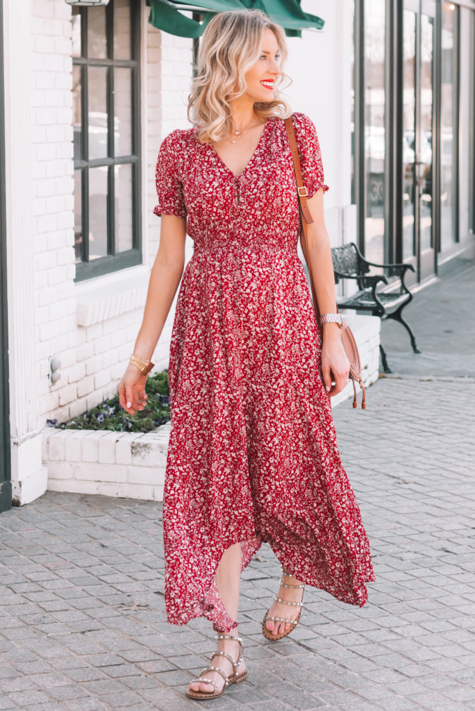 flowy red dress with studded sandals