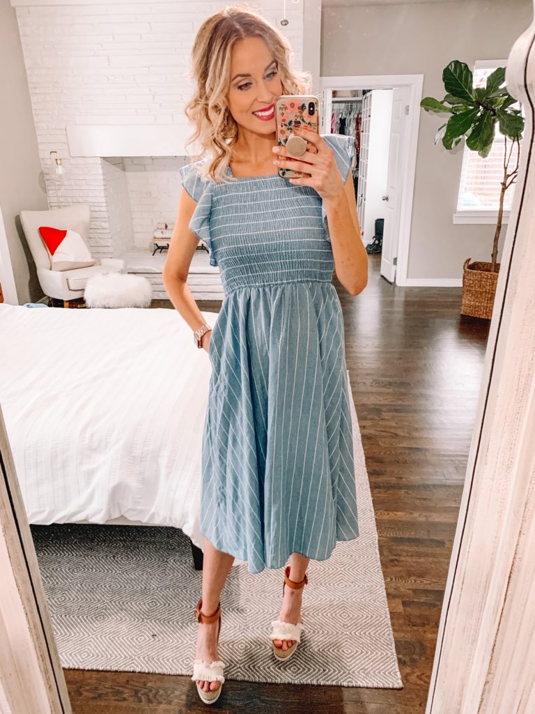 affordable amazon dress, blue and white striped sun dress