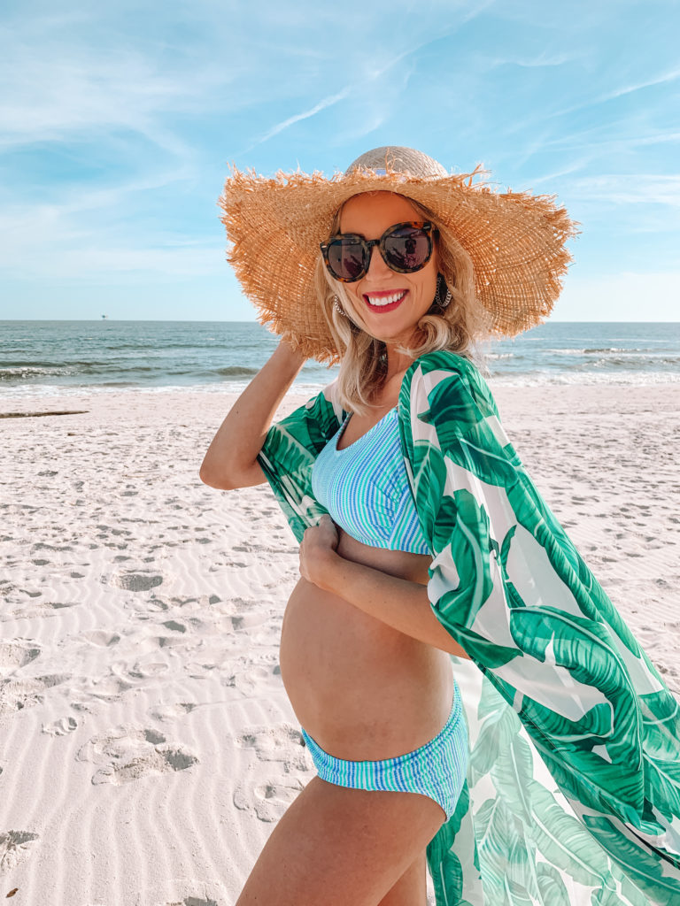 palm print kimono, maternity swimsuit, beach maternity, pregnant beach style, maternity bikini