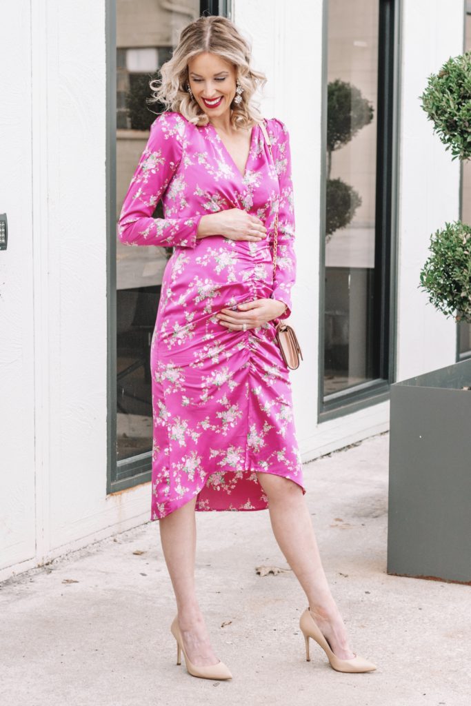 ruched floral dress, maternity fashion outfit ideas