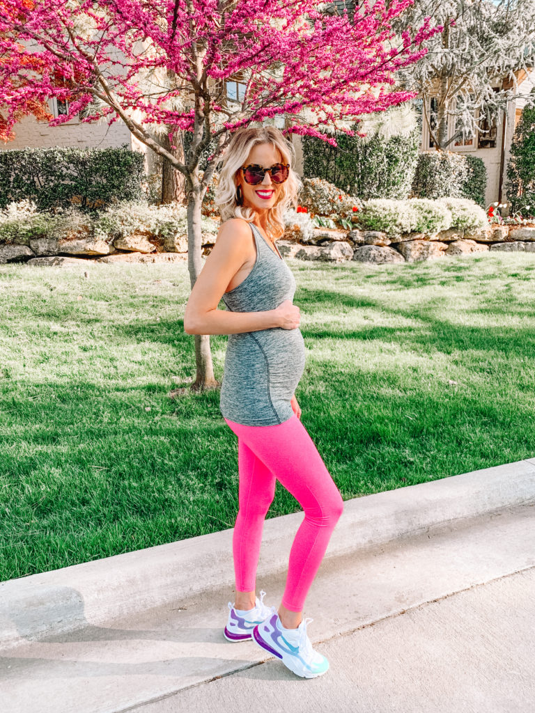 maternity leggings, cozy stay at home outfit, pink leggings, maternity active wear