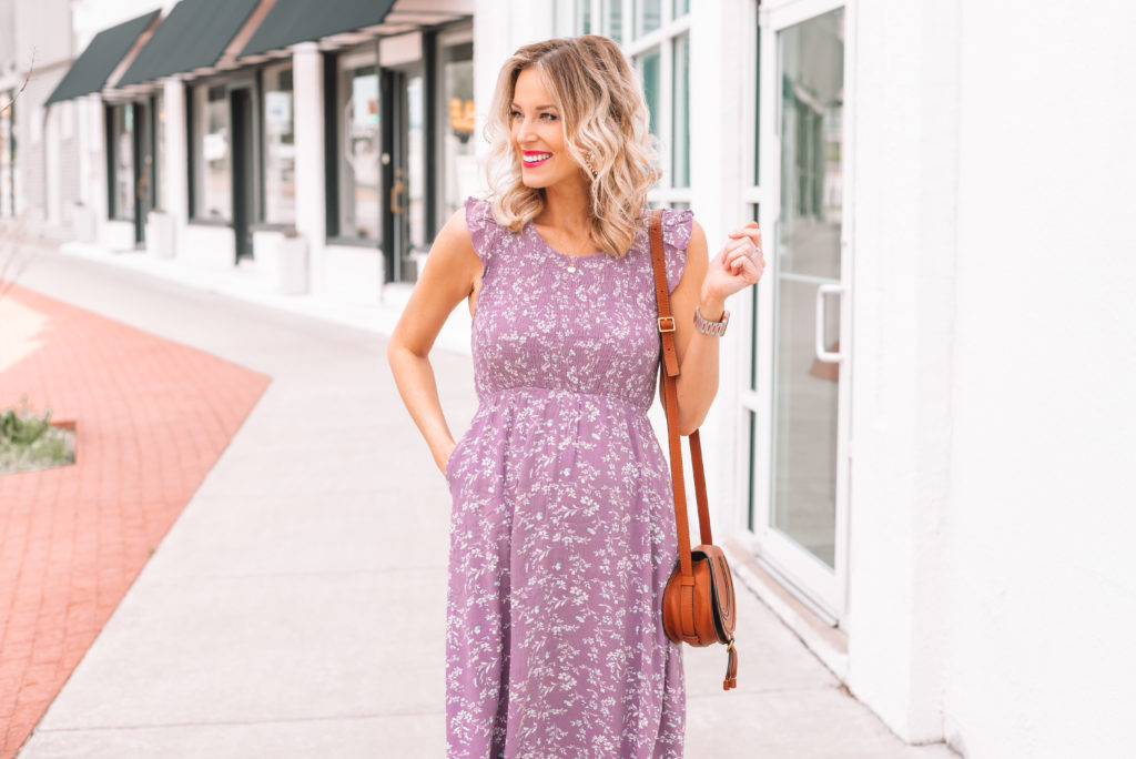 Purple Floral Printed Flared Dress for Women