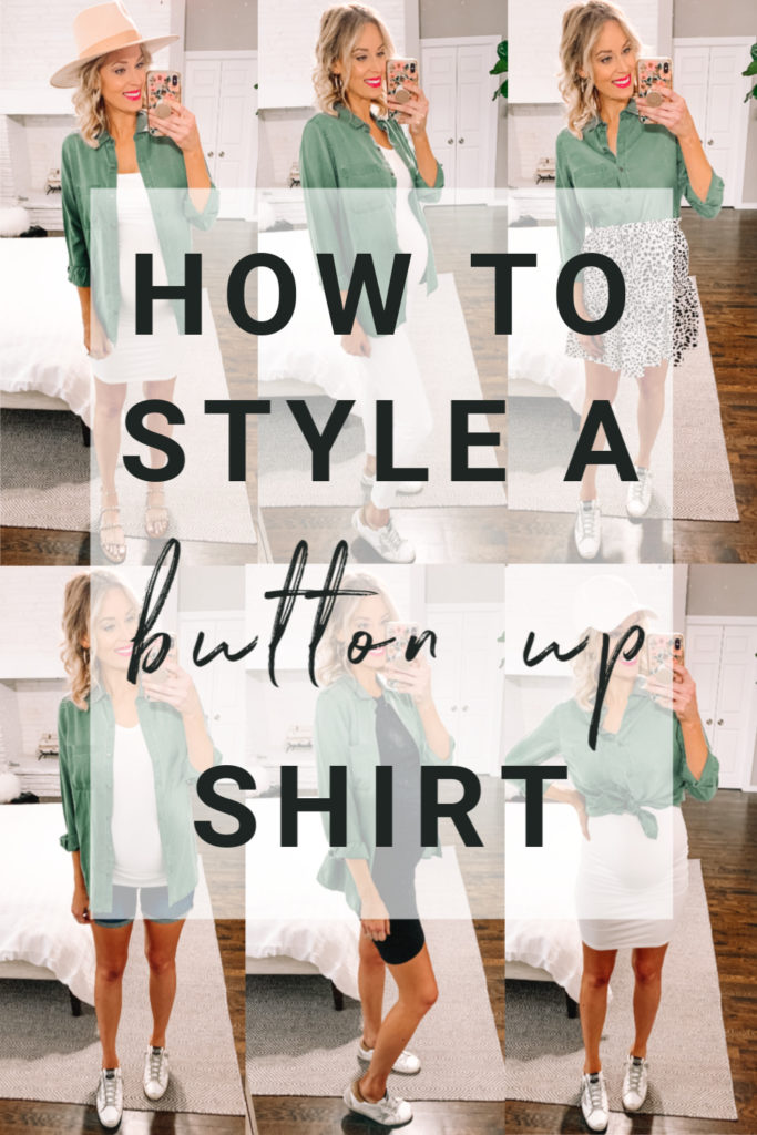 If a chambray shirt and a utility jacket are two of your wardrobe staples, then this post is for you! Today I am sharing how to style a button up shirt. More specifically, I am sharing 8 ways to wear a utility shirt. The army green is so much fun! #buttonupshirt #utilityshirt #armygreenshirt #utilityjacket #howto #chambrayshirt