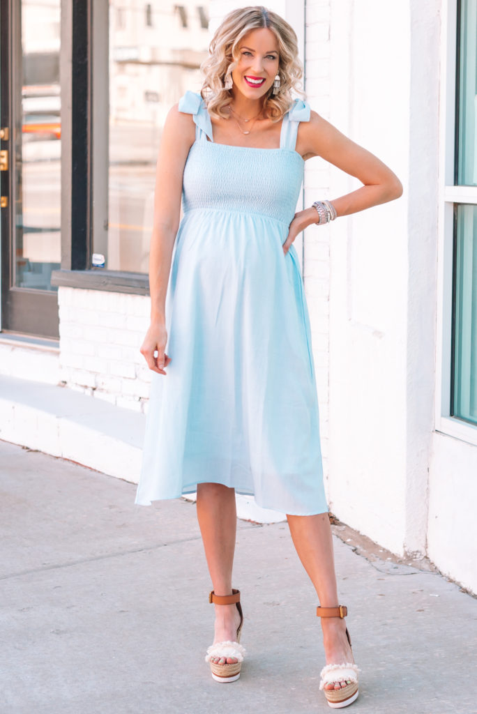 This smocked sleeveless blue maternity dress is perfect for the summer especially if you might be having a little boy!